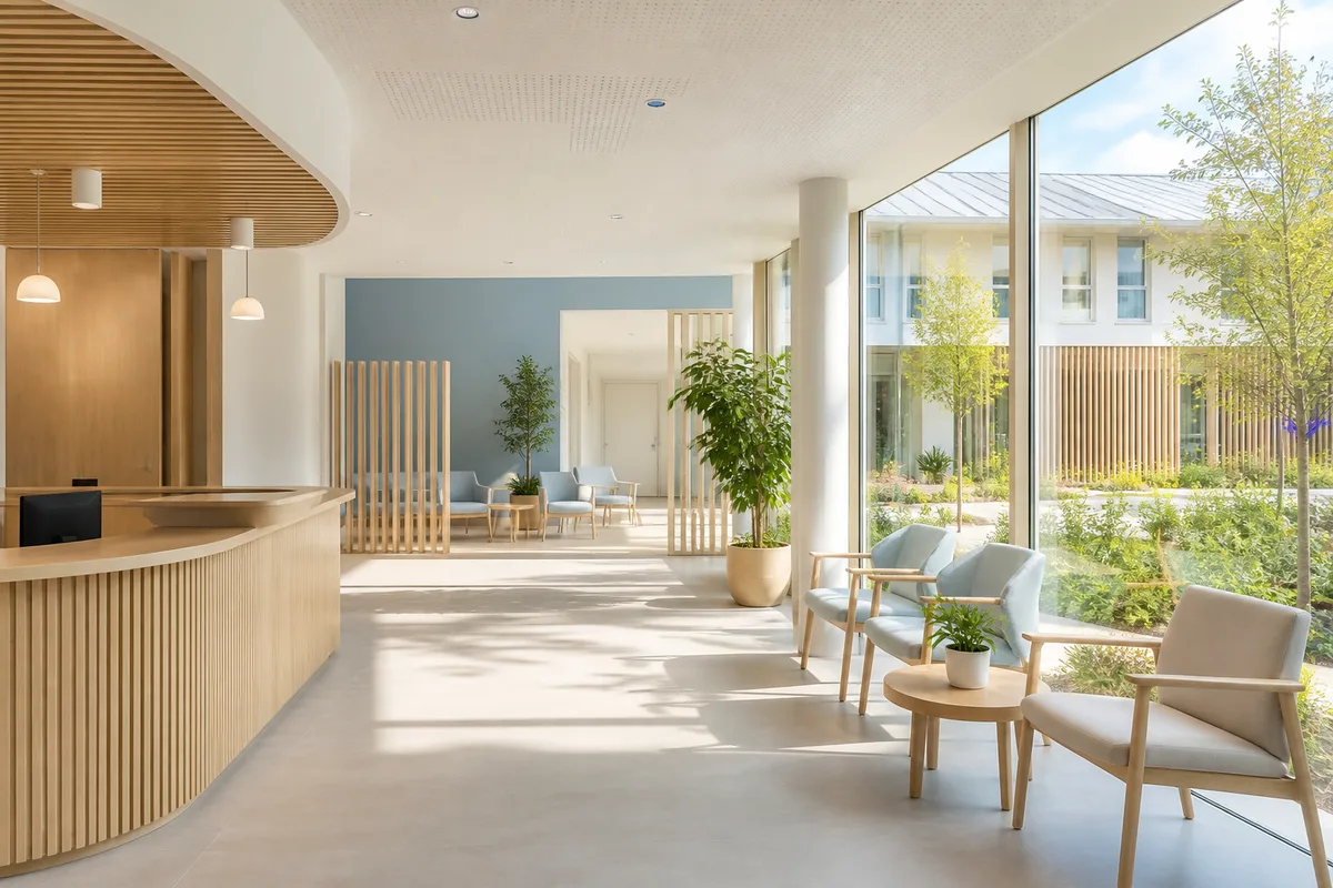 Salle d'attente lumineuse d'une structure de soins de proximité, sièges alignés et couloir menant aux bureaux