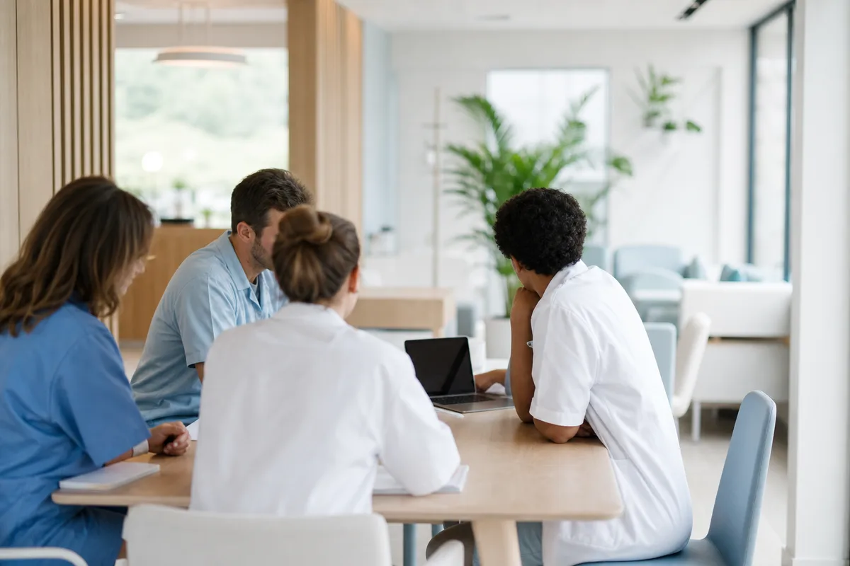 Plusieurs professionnels de santé réunis autour d’une table de travail dans des locaux clairs