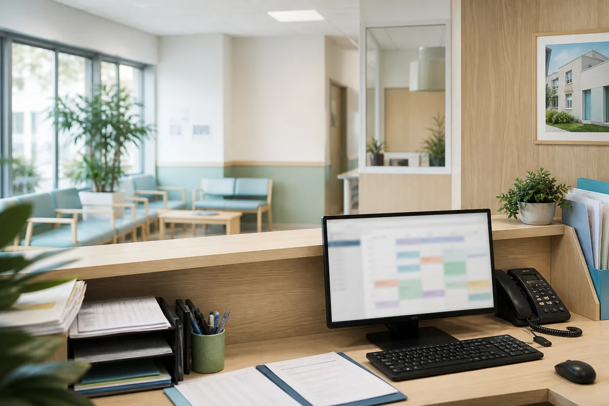 Poste d’accueil d’un lieu de soins avec écran d’agenda et documents administratifs