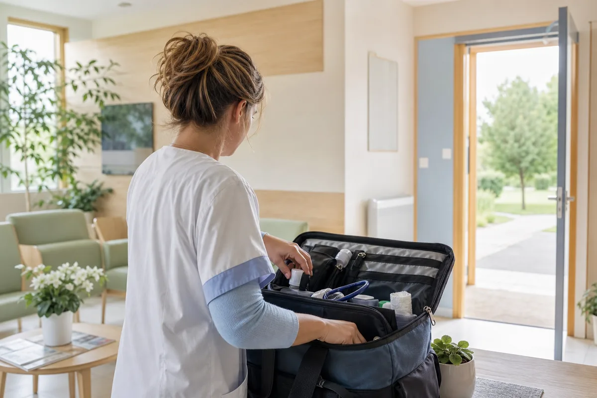 Professionnelle de santé préparant sa sacoche avant une tournée en zone rurale