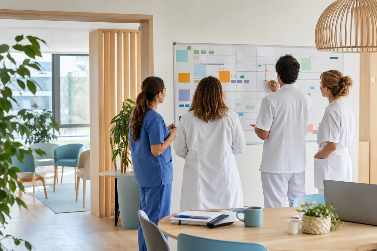 Salle de réunion où des professionnels de santé échangent autour d’un tableau d’organisation