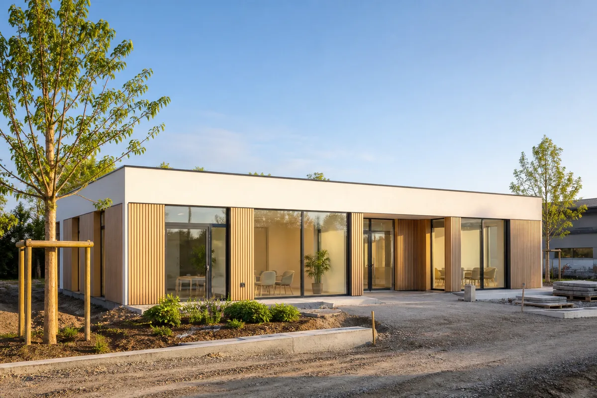 Chantier de construction d’un bâtiment public de plain-pied en fin de gros œuvre