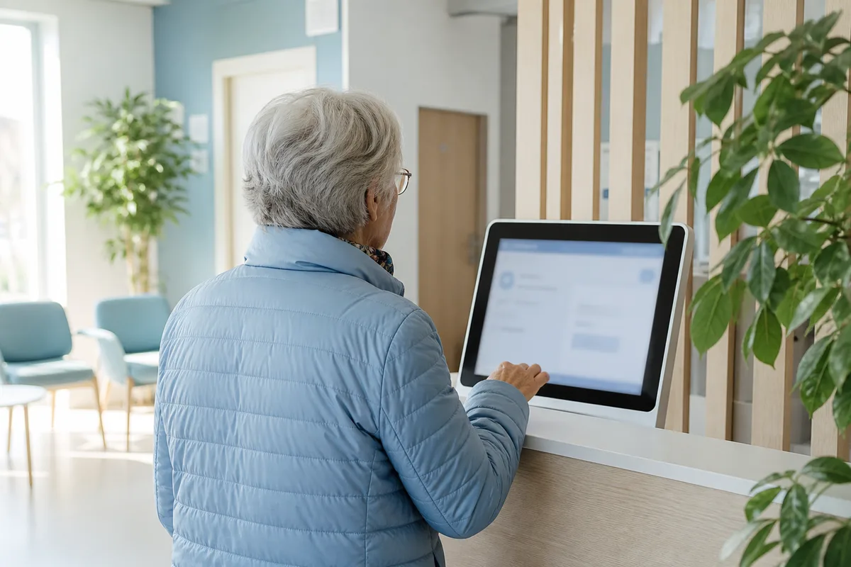 Personne âgée face à un formulaire administratif en ligne dans un espace d&rsquo;accueil