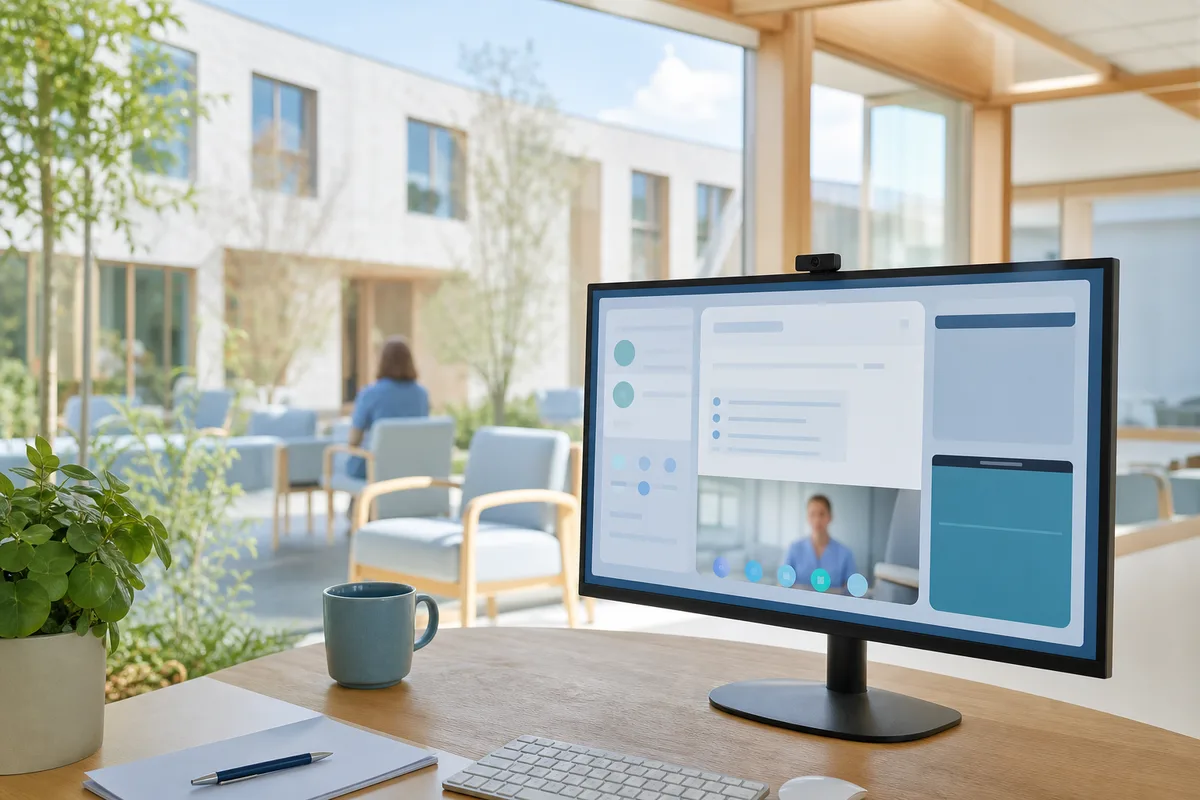 Écran d’ordinateur affichant une interface de consultation à distance dans un bureau